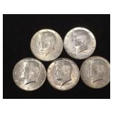 5 Silver clad Kennedy half dollars, 1965-1969,