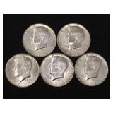 5 Silver clad Kennedy half dollars, 1965-1969,