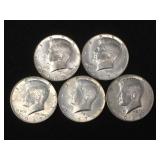 5 Silver clad Kennedy half dollars,