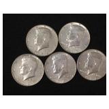 5 Silver clad Kennedy half dollars,