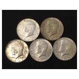 5 Silver clad Kennedy half dollars,