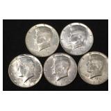 5 Silver clad Kennedy half dollars,