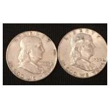 2 1963-D Franklin 90% silver half dollars