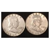 2 1963-D Franklin 90% silver half dollars