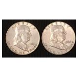 2 1963-D Franklin 90% silver half dollars