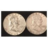 2 1963-D Franklin 90% silver half dollars