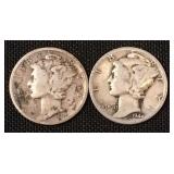 2 Mercury dimes, 1944-D, 1945