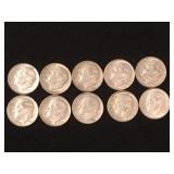 10 Roosevelt dimes, 90% silver.