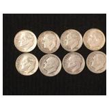 8 Roosevelt dimes, 90% silver.