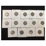 14 "V" Nickels, various dates, no mint marks