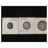 Barber dime, quarter & half dollar. Various dates.