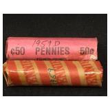 2 Rolls, 1 each of 1959 & 1959-D Lincoln cents,