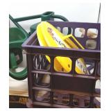 Plastic crate with leaf scoops,