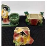 3 Shawnee pottery Oriental planters.