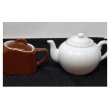 Hall brown creamer, unmarked white teapot.