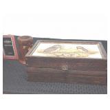 Decorative wooden box, candle holder, frame.