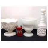 3 Pieces of white milk glass, decanter,