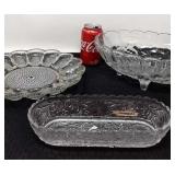 3 clear pressed glass dishes.