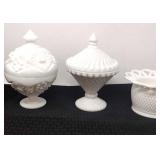 Kemple Glass white milk glass covered candy dish.