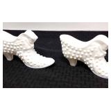 2 Fenton white milk glass hobnail boots.