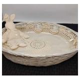 Double handle wicker tray with cloth rabbit, with