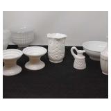 8 pieces of milk glass, vases, candle holders,