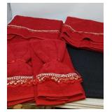 Box lot of red towels, tablecloths, scarves, red