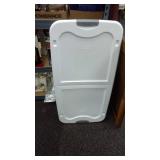 Sterilite 66 quart tote with split lid on wheels.