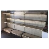 Three grocery store style shelving units