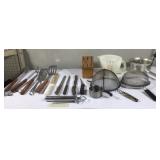 Barbecue utensils, several knives, knife block,