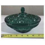 Green glass bowl with lid.