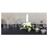 4 Clear candle chimneys and several candle holders