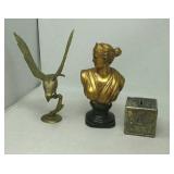 Brass eagle,  ceramic bust, vintage childs coin