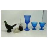 4 Avon collectibles,  2 blue pedestal dishes.