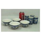 4 Blue and white saki cups and 4 matching bowls.