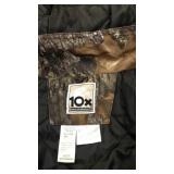 Camouflage insulated hunting jacket with hood.