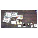 Assorted pins, costume jewelry,  1 euro cent,