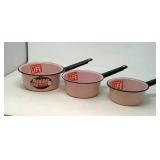 3 Vintage Federal Vogue enamelware sauce pans.