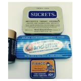 Sucrets tin canettes tin and a fixaco tin