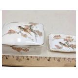 Hand painted bone china trinket box and tray.