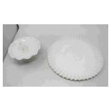 White milk glass hobnail ruffled edge cake plate