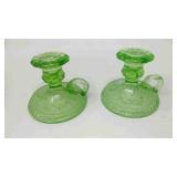 2 Green depression glass candlesticks