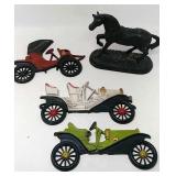 3 Tin wall hangings of cars & a tin horse statue