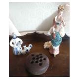 Gzhel vintage USSR porcelain woman and chicken