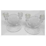 2 Vintage etched glass candle holders