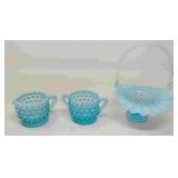 Blue hobnail opalescent creamer, sugar and basket