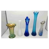 Vintage carnival glass vase has crack, milk glass