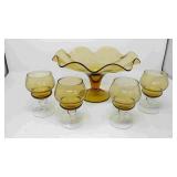 Vintage amber pedestal bowl and 4 amber glasses