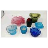 7 Vintage colored glass candle holders and candy