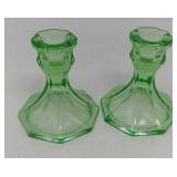 2 green depression glass candle holders